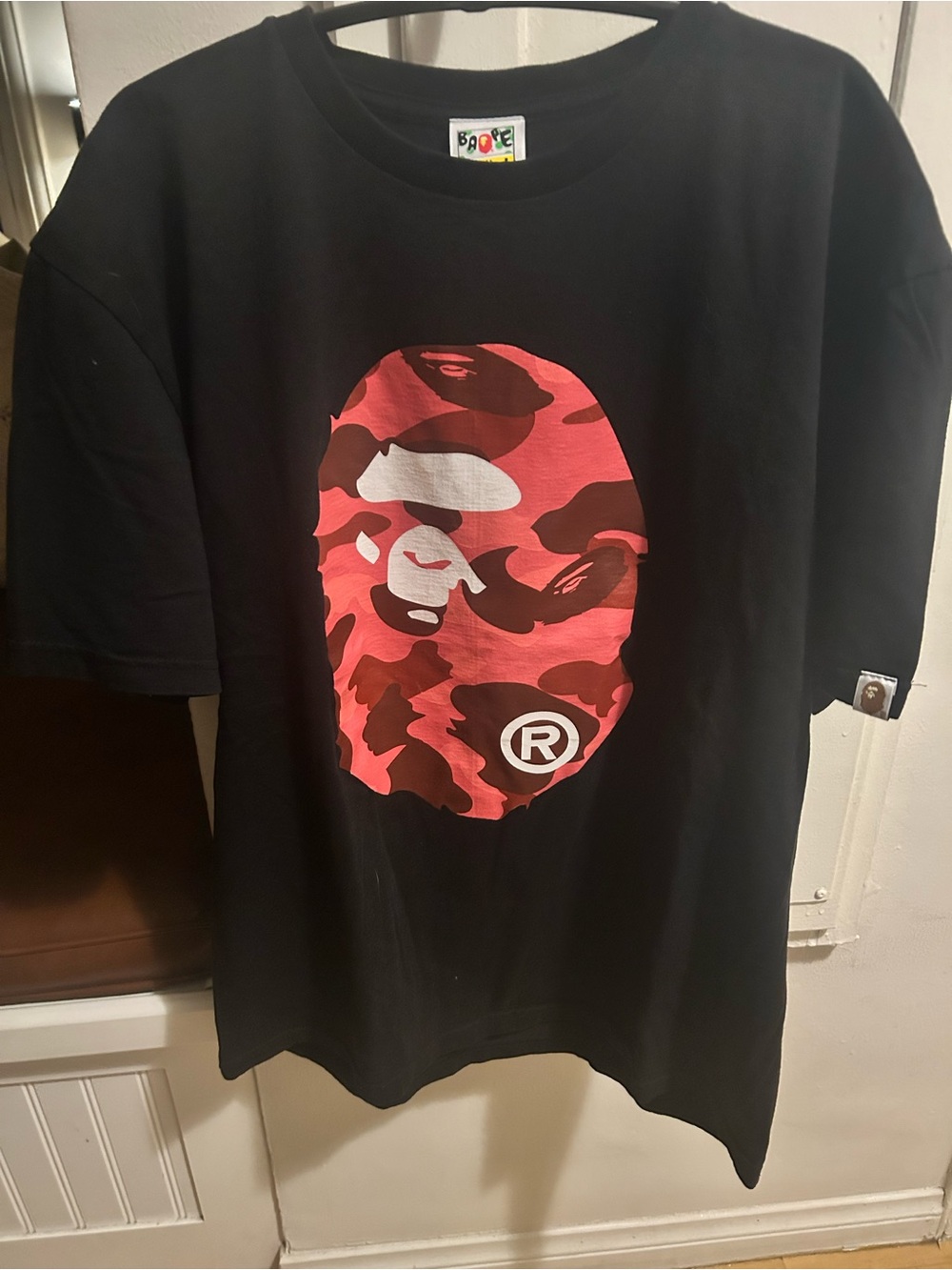 Black Short Sleeve Tee with Red Camo Ape Graphic
